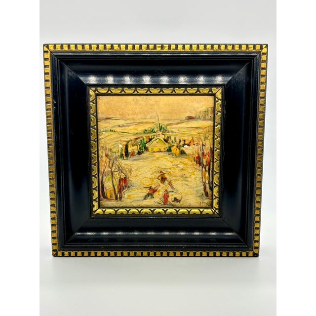 Original painting in enamel on tile featuring a landscape Winter scene with figures playing in the snow. This painting is...