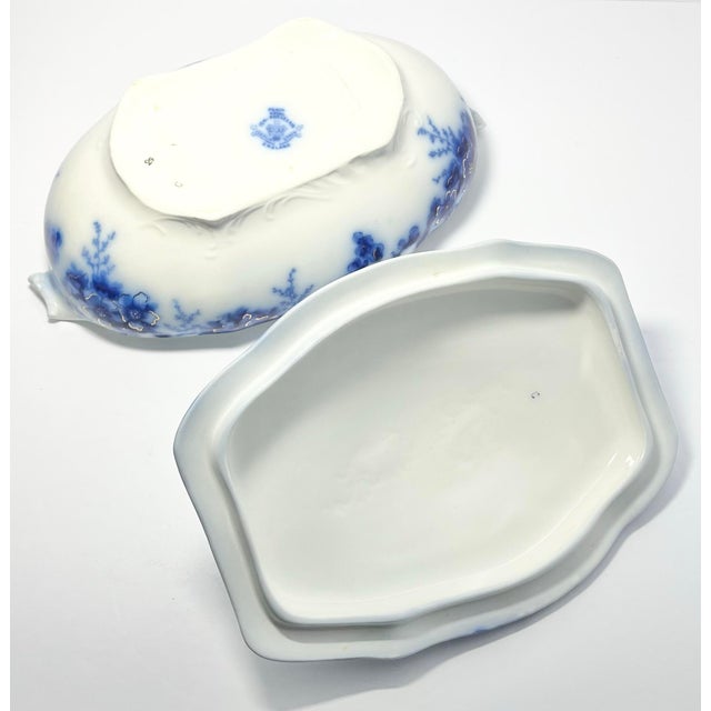 Blue 1910s Antique Johnson Brothers “Peach” Ceramic Vegetable Serving Bowl & Lid For Sale - Image 8 of 12