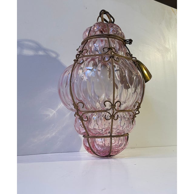 Pink Raspberry Pendant Lamp in Cage Murano Glass from Seguso, 1950s For Sale - Image 9 of 12