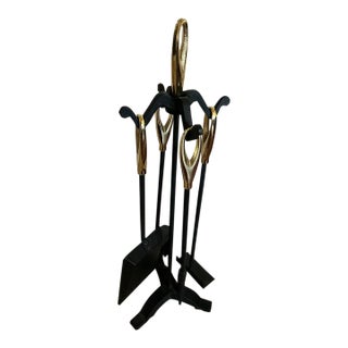 20th Century MCM Black & Brass Petite Fireplace Tool Set For Sale