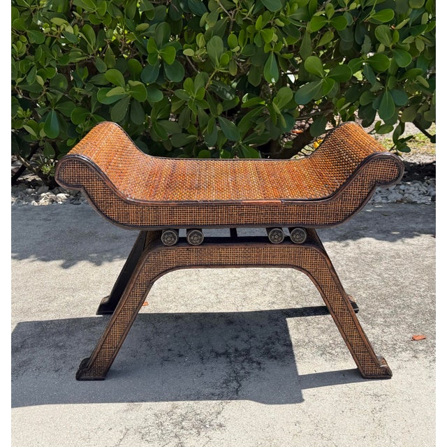 Contemporary Vintage Woven Rattan Scroll-Arm Footstool / Side Table For Sale - Image 3 of 11