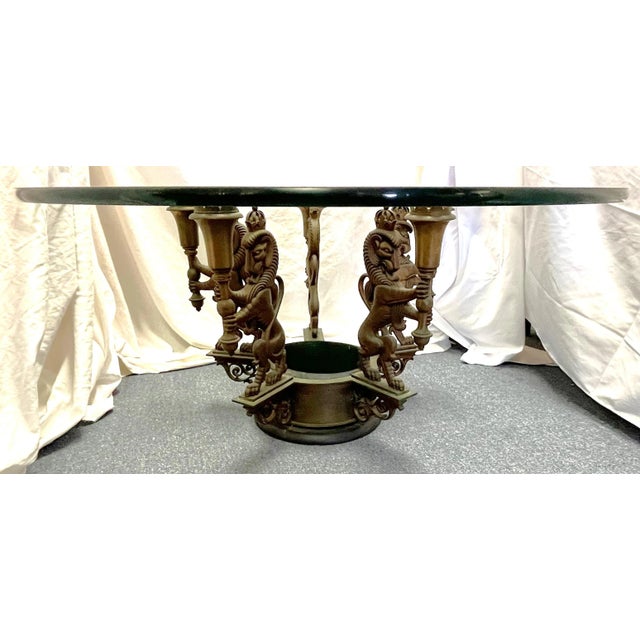 Awesome antique architectural salvage bronze epergne made into a coffee table. The epergne base is made of heavy bronze...