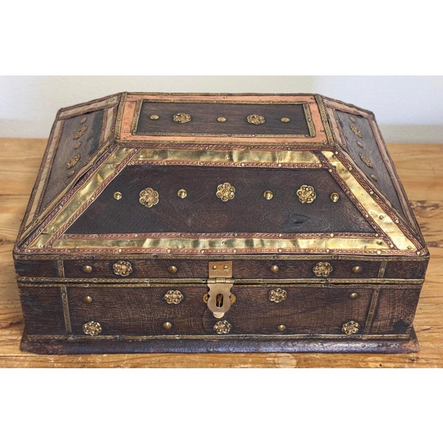 Vintage Wooden Hinged Box W Metalwork Detail For Sale - Image 4 of 10