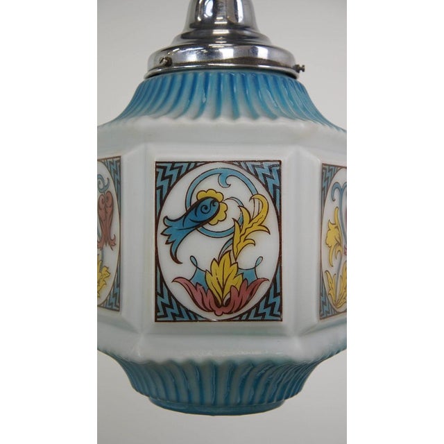 Vintage Art Deco Blue Pendant Lamp with Painted Glass For Sale - Image 6 of 9