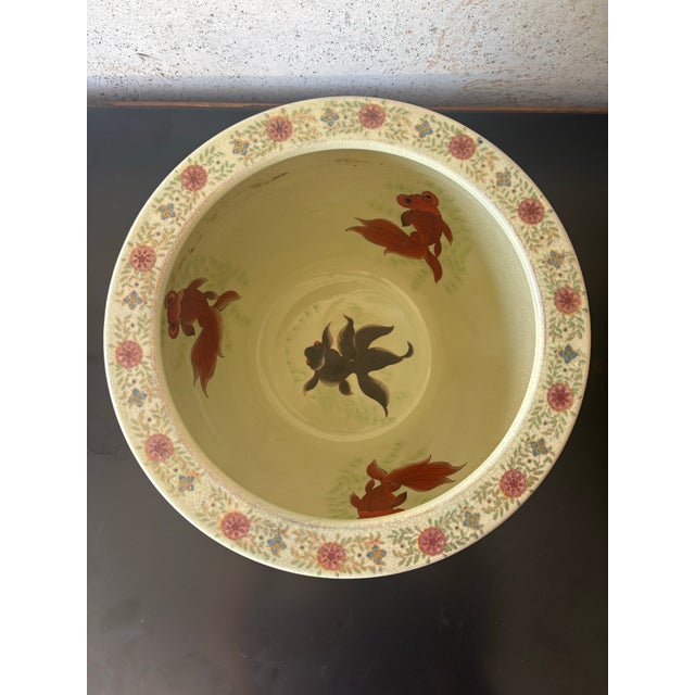 Chinoiserie Vintage Chinese Chinoiserie Peony & Koi Porcelain Planter For Sale - Image 3 of 8