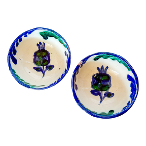 Vintage Granada Spanish Small Fajalauza Blue/Green Pomegranate Bowls, a Pair