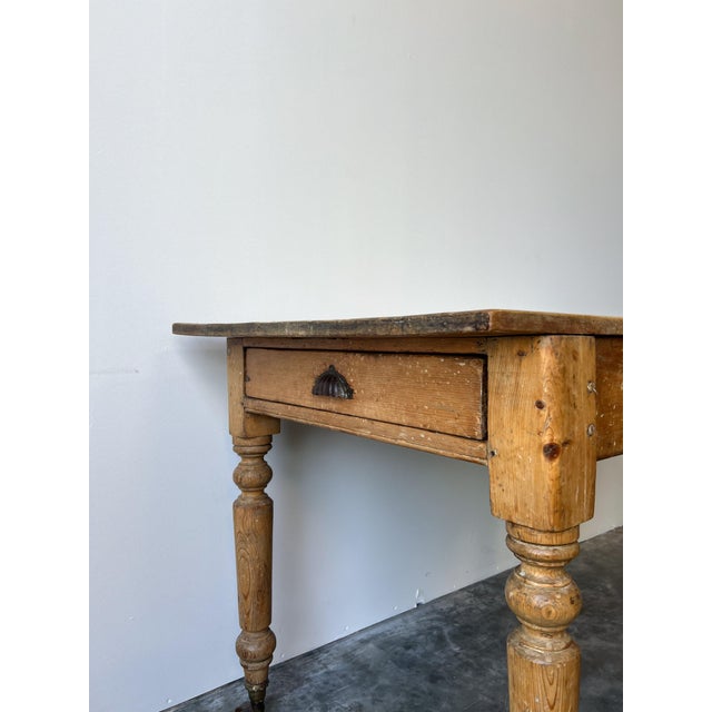 Tan Antique Pine Farmhouse Table on Casters For Sale - Image 8 of 12