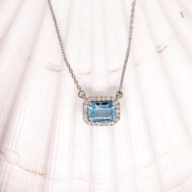 Contemporary Aquamarine Pendant Necklace w Earth Mined Diamonds in Solid 14K Gold EM 5x7mm For Sale - Image 3 of 8
