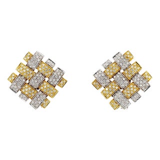 Garavelli 3.5 Ct Diamond Woven Square 18k Two-Tone Gold Clip-on Earrings, Pair For Sale