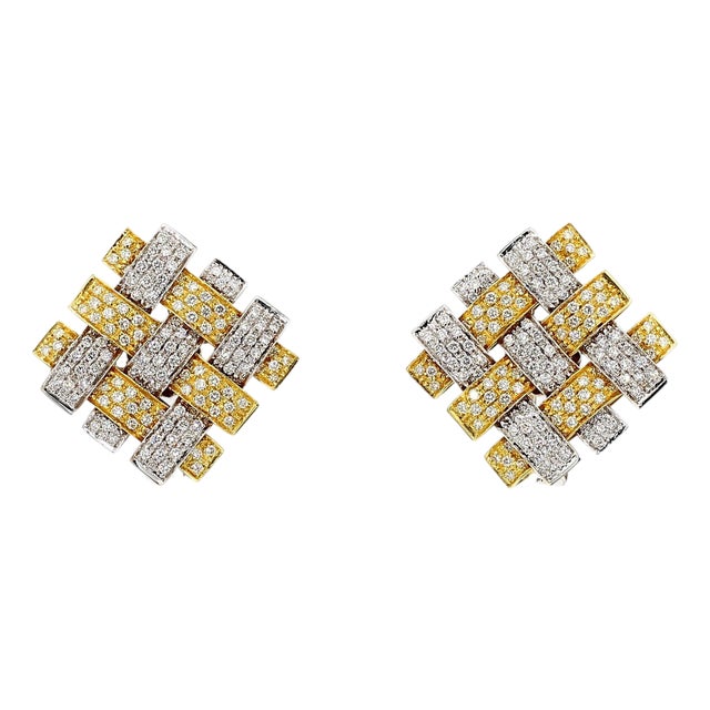 Garavelli 3.5 Ct Diamond Woven Square 18k Two-Tone Gold Clip-on Earrings, Pair For Sale