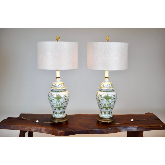 1960s Vintage Chinese Porcelain Hand Painted Artichoke Table Lamps Ginger Jars, Pair For Sale - Image 5 of 11