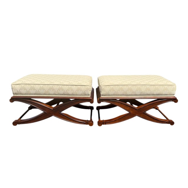 Vintage X-Form Upholstered Ottomans With Nailhead Trim, Pair For Sale