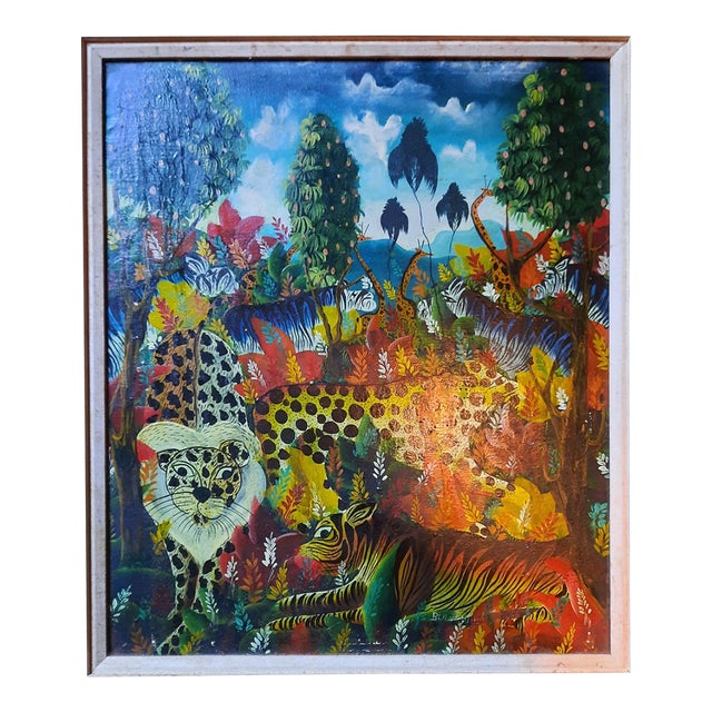 Vintage Smith Blanchard Folk Art Jungle Wildlife Framed Painting For Sale