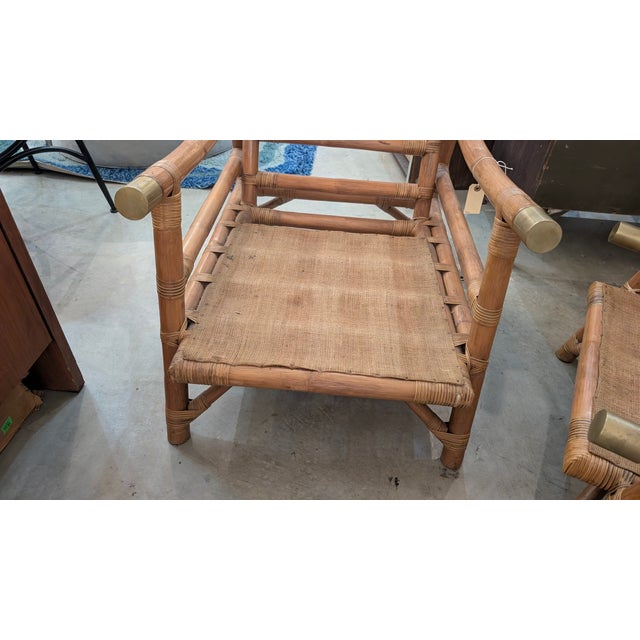 Brown 1950s Attributed to Ficks Reed, John Wisner Rattan Lounge Chairs and Ottomans (Needs Cushions) For Sale - Image 8 of 15