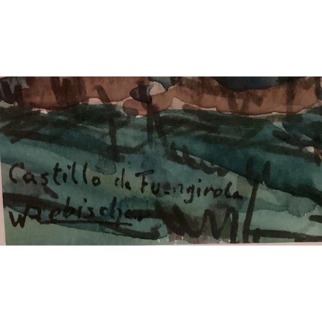 Late 20th Century Original Watercolor, Castle Ruins in Fuengirola, Spain, Ancient Fortress Signed by Artist, Wooden Frame With Green matting For Sale - Image 5 of 12