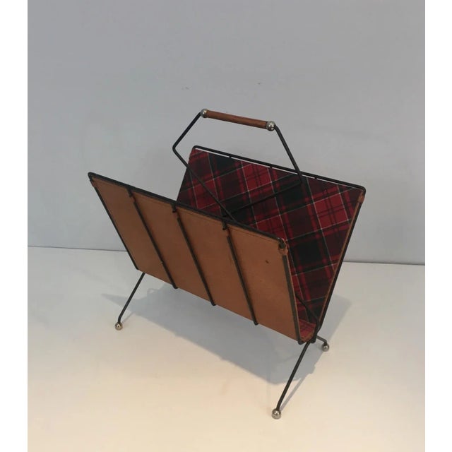 Black Lacquered Metal, Leather and Plaid Fabric Magazine Rack For Sale - Image 9 of 13