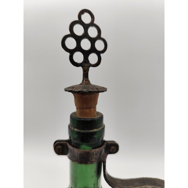 Mid-Century Modern Antique 18th Century Green Glass Bocksbeutel Bottle with Dark Metal Mount and Ring-Shaped Stopper For Sale - Image 3 of 5