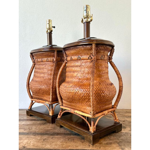Vintage Woven Rattan Basket Lamps - A Pair For Sale In West Palm - Image 6 of 12