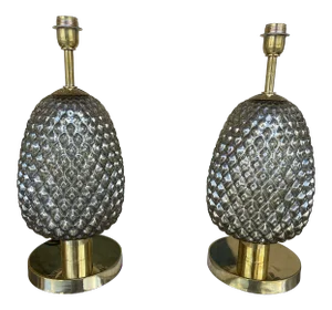 Contemporary Silver Gold Pineapple Murano Glass and Brass Lamps, Italy EU Wired - a Pair