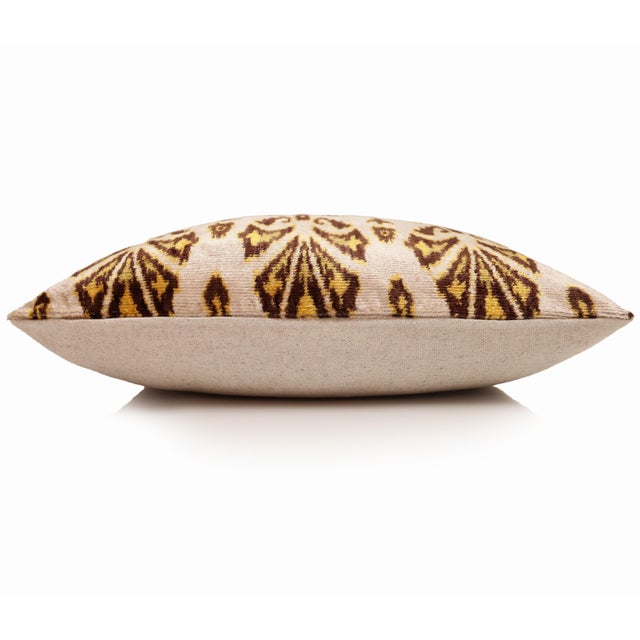 Mid-Century Modern Luxury Gold & Espresso Silk Velvet Throw Pillow 20x20 | Handmade Designer Ikat Cushion For Sale - Image 3 of 8