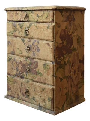 Antique Floral-Printed Fabric Covered Tabletop Haberdashery Cabinet, Circa Early 20th Century