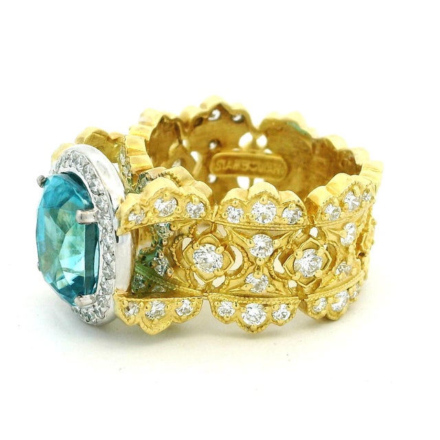 Stambolian 18k Gold Blue Zircon and Diamond Cocktail Ring, Size 8.75 For Sale - Image 14 of 14
