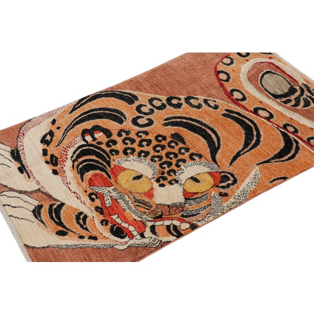 Rug & Kilim Rug & Kilim’s Contemporary Tiger Rug in Red With Black and Orange Pictorial For Sale - Image 4 of 7