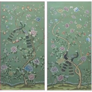 W20"* H40", Emerald Green Peacock Peony 2-Panel Chinoiserie Wallpaper Panels , No Frame, Tea Paper For Sale