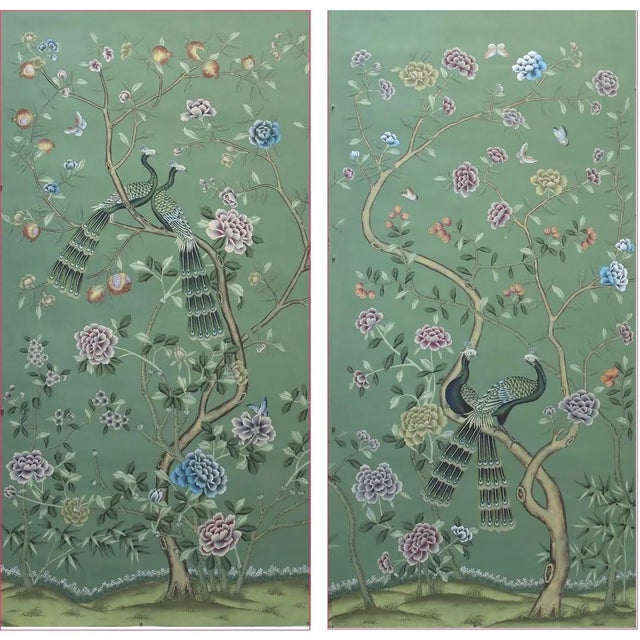 W20"* H40", Emerald Green Peacock Peony 2-Panel Chinoiserie Wallpaper Panels , No Frame, Tea Paper For Sale