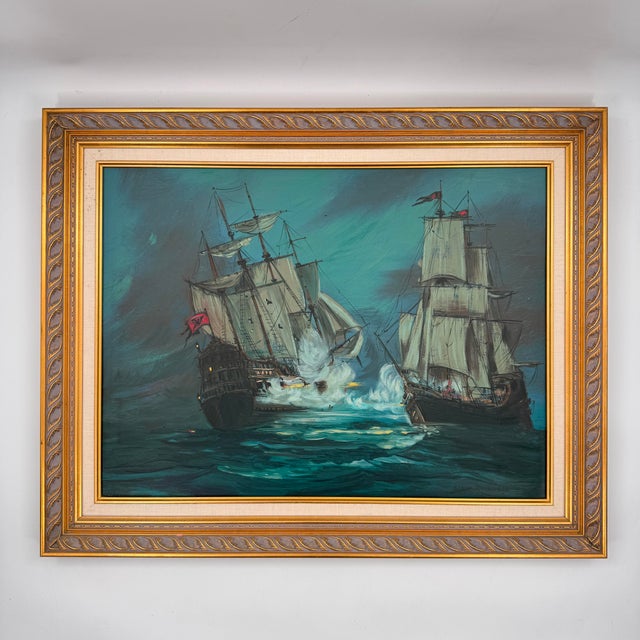 Turquoise Glenn Richardson Large Naval Battle Seascape Oil Painting For Sale - Image 8 of 12