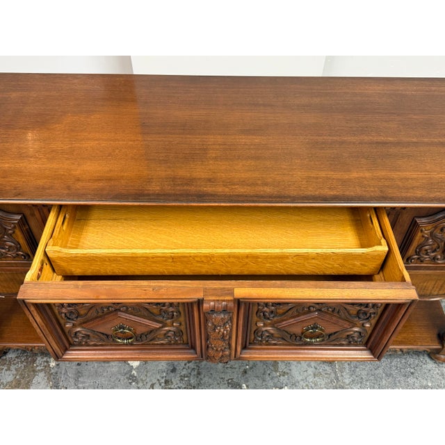 Brown Empire Manufacturing Company Tudor Revival Carved Walnut Console Server, Circa 1920's For Sale - Image 8 of 12