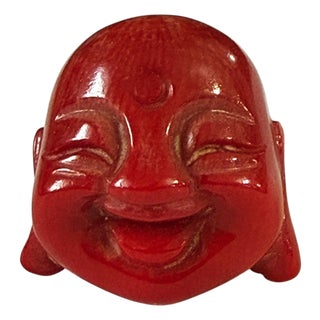 Vintage Red Coral Carved Laughing Buddha Head Amulet Pendant 1" H For Sale