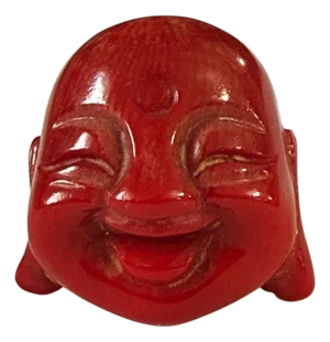 Vintage Red Coral Carved Laughing Buddha Head Amulet Pendant 1" H