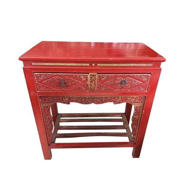 Chinoiserie Vintage Chinoiserie Red Lacquer Console Table 33.5" W For Sale - Image 3 of 12