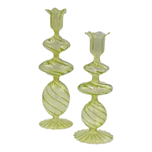 Green Swirl Glass Candlestick, Large, Set of 2