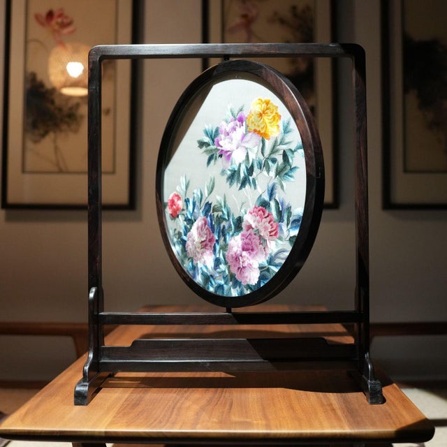 Handmade Suzhou Double-Sided Silk Embroidery “Blooming Prosperity” Display For Sale - Image 4 of 6