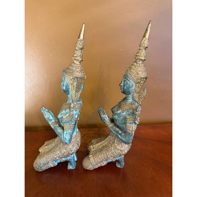Metal Tibetan Guardian Angel Theppanom Statues Bronze / Gold Gilt 13" - ca.1960 - A Pair For Sale - Image 7 of 15