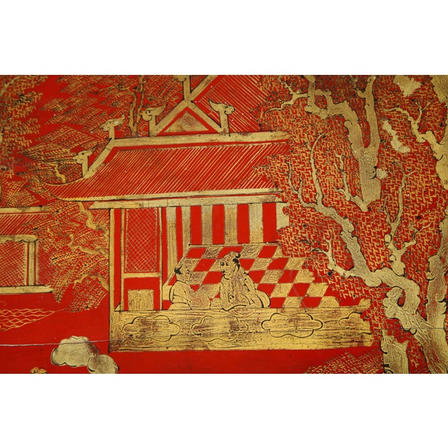 Vintage Hand Painted Red Lacquered Chinoiserie Cocktail/Coffee Table For Sale - Image 9 of 11