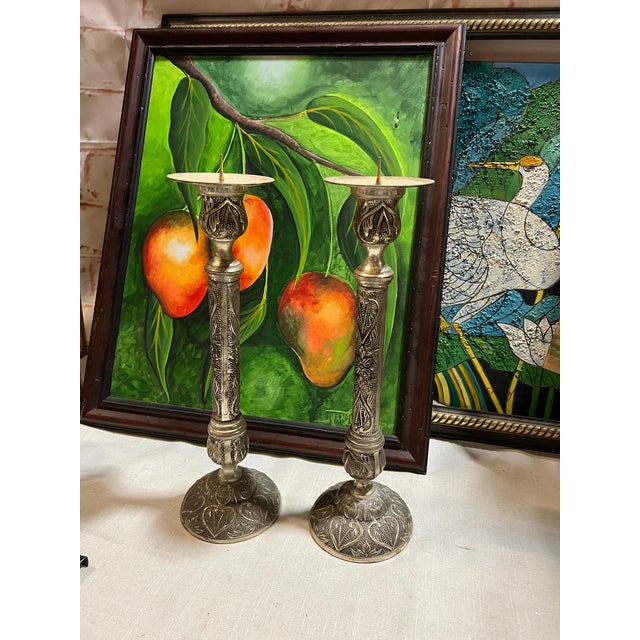 Pair of 1970s Silver-Tone Metal Tall Etched Candleholders For Sale - Image 4 of 6
