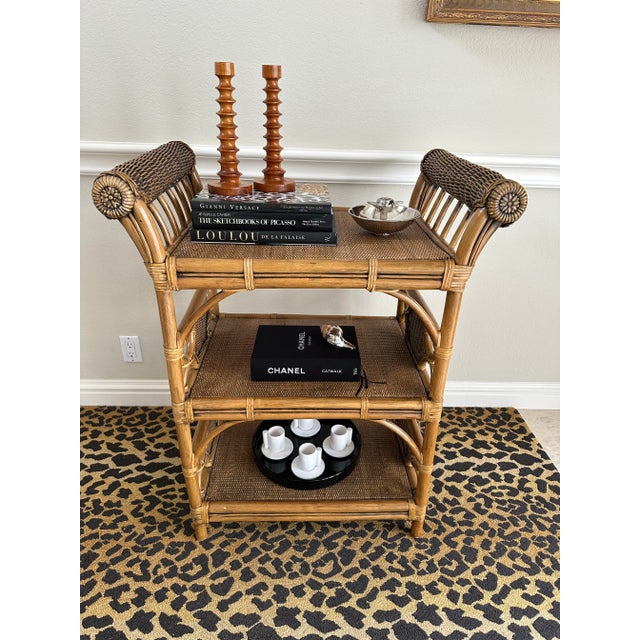 Vintage Rattan, Wicker & Cane Etagere Shelf With Leather Bindings For Sale - Image 17 of 17