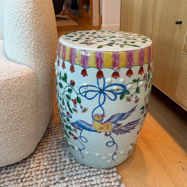 Altfield Hong Kong Hand-Painted Chinoiserie Ceramic Garden Stool With Birdcage Motif For Sale - Image 4 of 12
