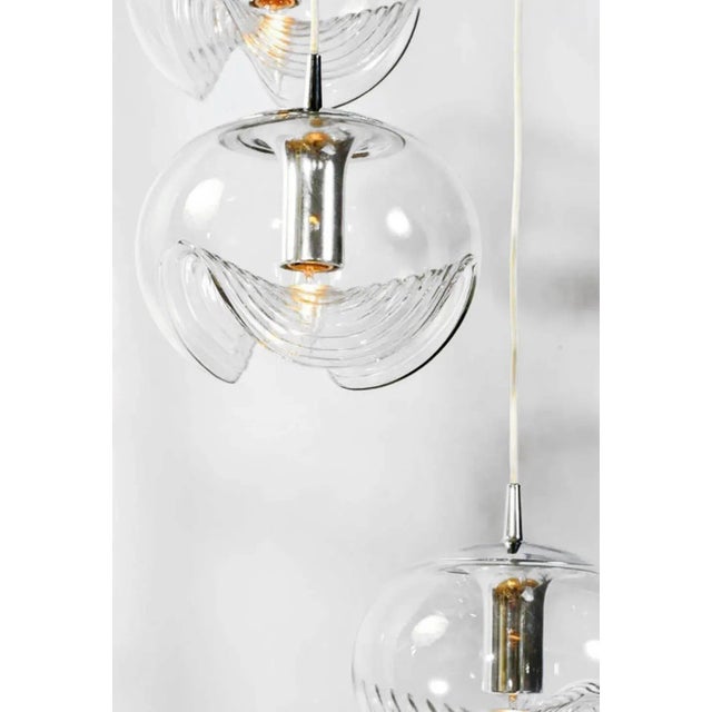 Koch & Lowy Koch & Lowy Chrome and Blown Glass Triple Pendant Fixture For Sale - Image 4 of 6