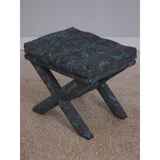 1990s Pair of Designer Blue & Gray Upholstered Benches or Stools For Sale - Image 5 of 18