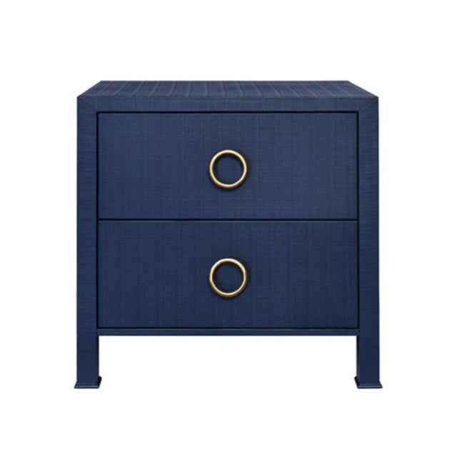 Matthew Izzo Home Edelman Textured Navy Blue Linen Two Drawer Side Table With Antique Brass Hardware For Sale In New York - Image 6 of 6