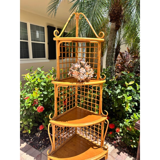 Restored Vintage, Midcentury, Rattan-Bamboo Corner E’tagere Shelving. Styled in the Manner of French Designer Vivai Del Sud. For Sale In West Palm - Image 6 of 7