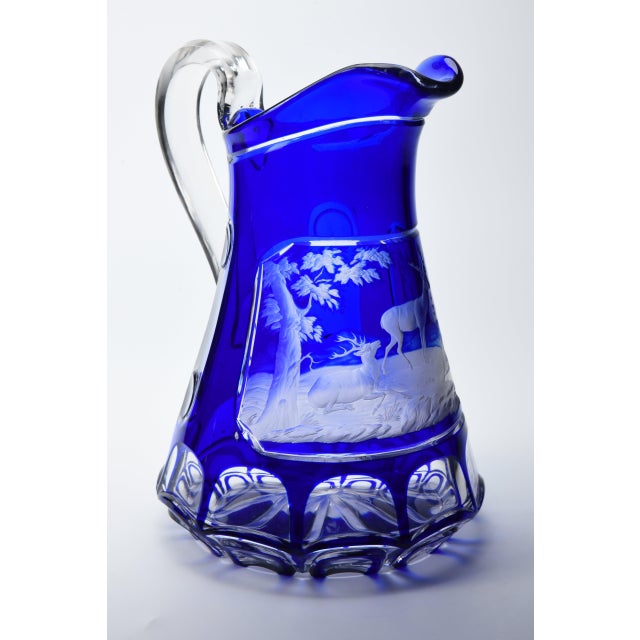 Mid 19th Century Cobalt Engraved and Cut Overlay Glass Pitcher For Sale - Image 4 of 7