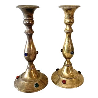 Vintage Pair Indian Brass Candlesticks W/Inlaid Jewel-Tone Cabochons 10"Tall 50s For Sale
