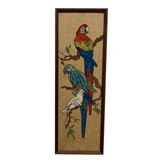 1960s Bohemian Chic Chinoiserie Gravel Art, Two Parrots and a Cockatoo For Sale