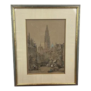 Samuel Prout 1846 Lithograph "Antwerp" City Scene, Framed