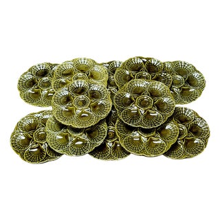 Mid 20th Century Sarreguemines Olive Green French Majolica Oyster Plates - Set of Twelve For Sale